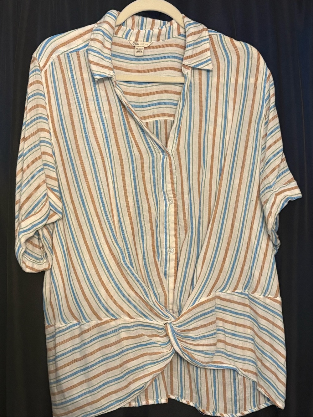 Cato Striped Button-Front Tie-Hem Top